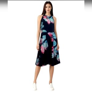 Ouges Womens Sundress Blue Midi Floral Stretch Halter Sleeveless Retro M New
